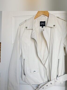 Urban Retro White Leather Vegan Motorcycle Jacket Asymmetrical Zip Snap Buttons